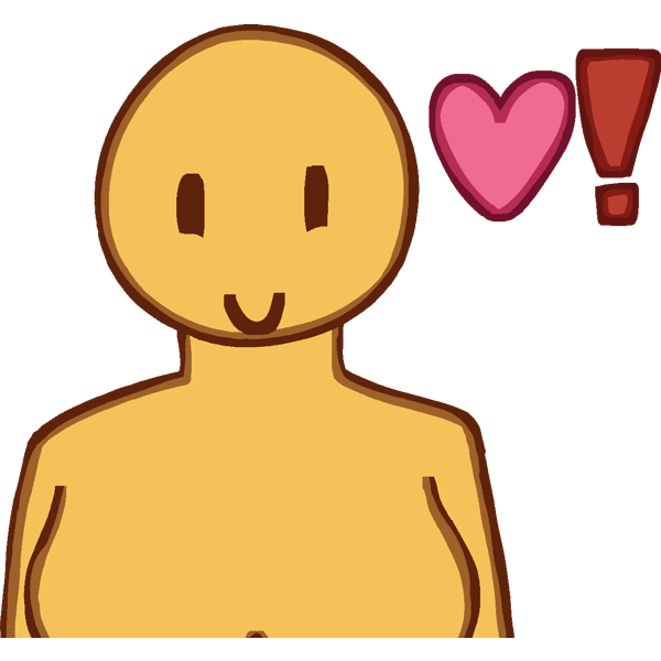 A drawing of a cartoony yellow person smiling. The drawing is a bust shot, and they are drawn without a shirt on. Their chest is larger. To the right of them, a pink heart and red exclamation mark are shown. The background is transparent.